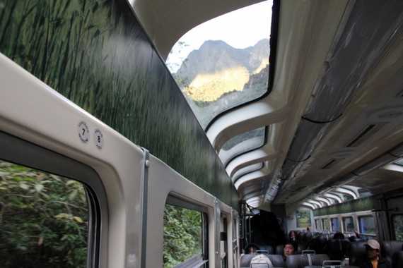 Peru Rail’s panoramic windows looking out to the towering peaks