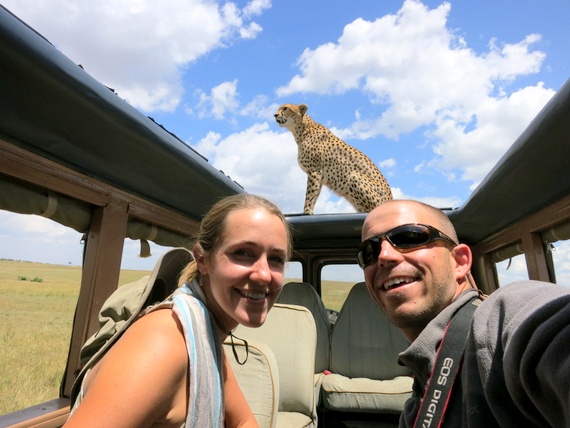Cheetah on the roof of our safari vehicle in the Masai Mara